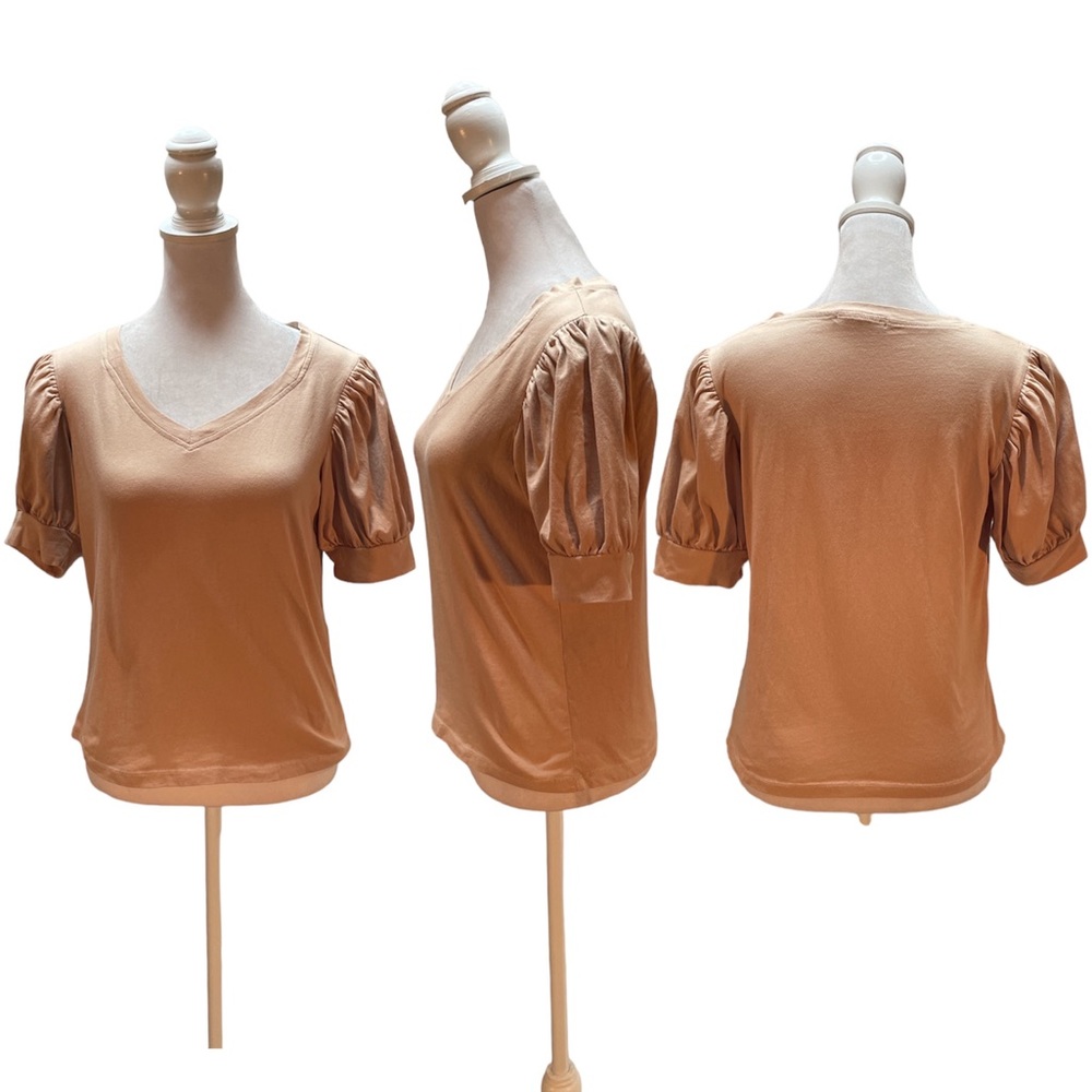 7 For All Mankind Tan Short Puffed Sleeve V-Neck Women's T-Shirt Size XS
